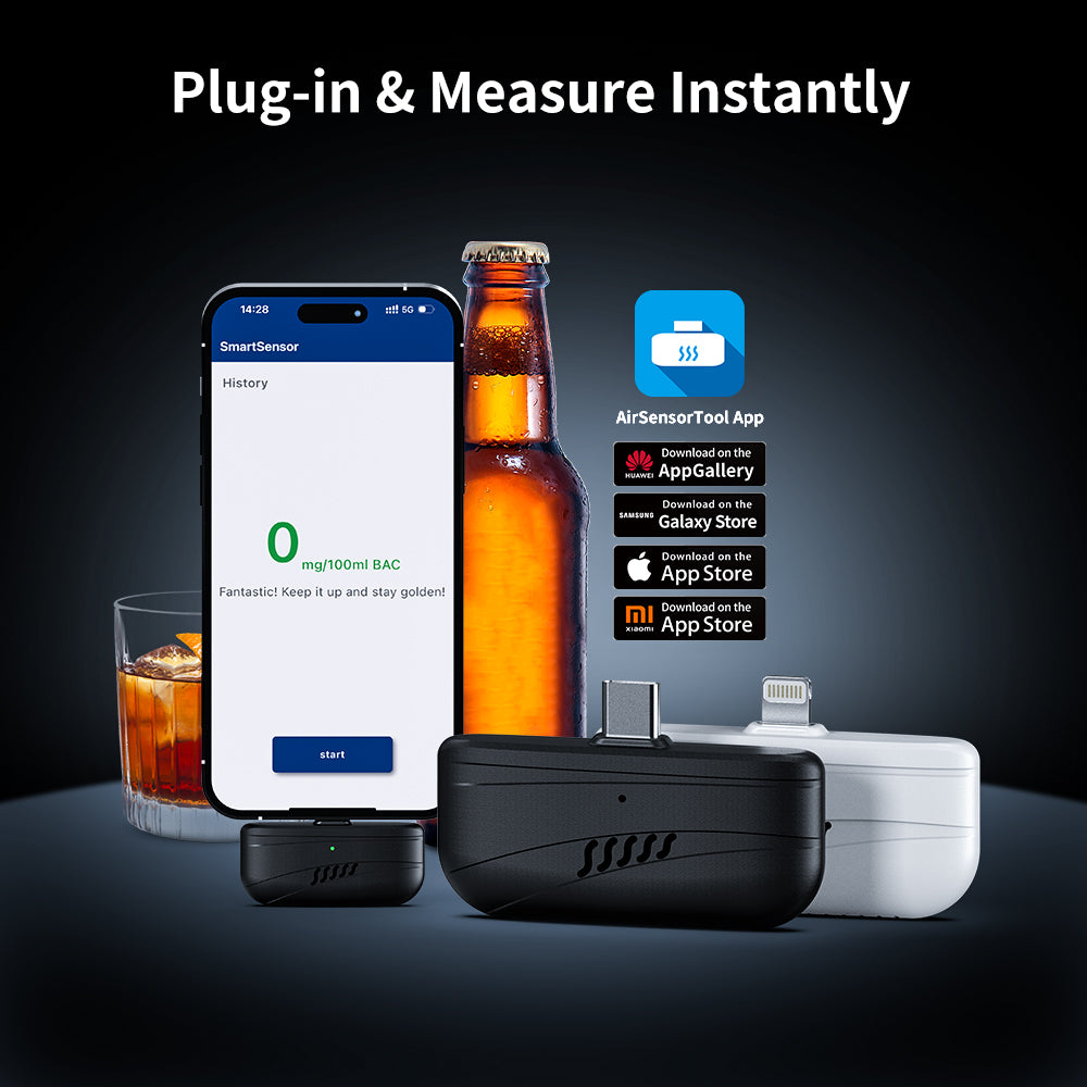 Mini Alcohol Tester for Smartphone | Portable Plug-and-Play Breathalyzer | USB-C/Lightning Battery-Free BAC Detector with APP Display