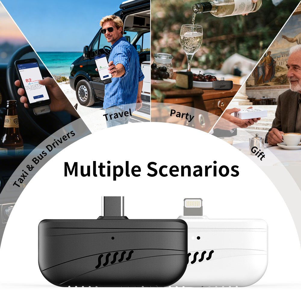 Mini Alcohol Tester for Smartphone | Portable Plug-and-Play Breathalyzer | USB-C/Lightning Battery-Free BAC Detector with APP Display