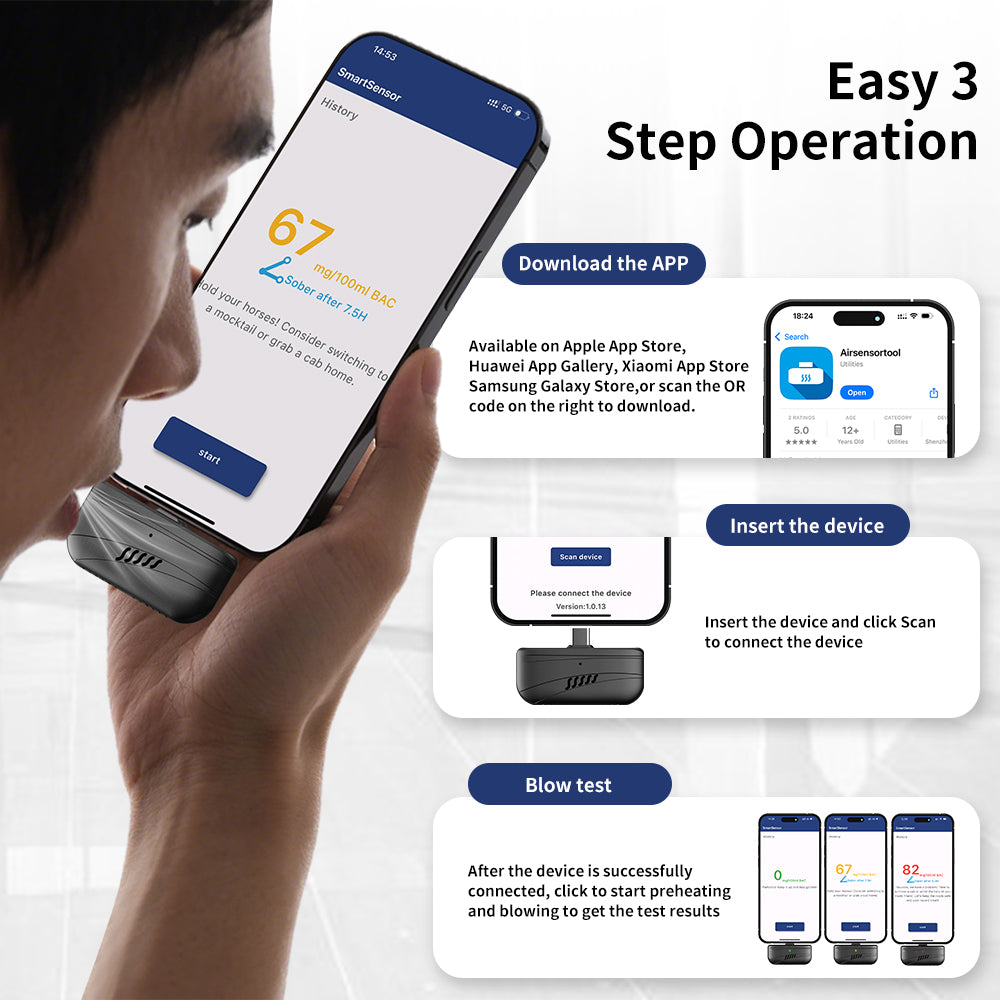 Mini Alcohol Tester for Smartphone | Portable Plug-and-Play Breathalyzer | USB-C/Lightning Battery-Free BAC Detector with APP Display